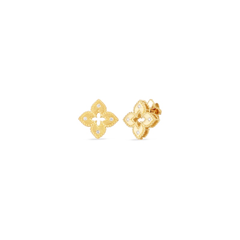 18K Yellow Gold Petite Venetian Princess Extra Small Satin & Diamond Accent Flower Earrings