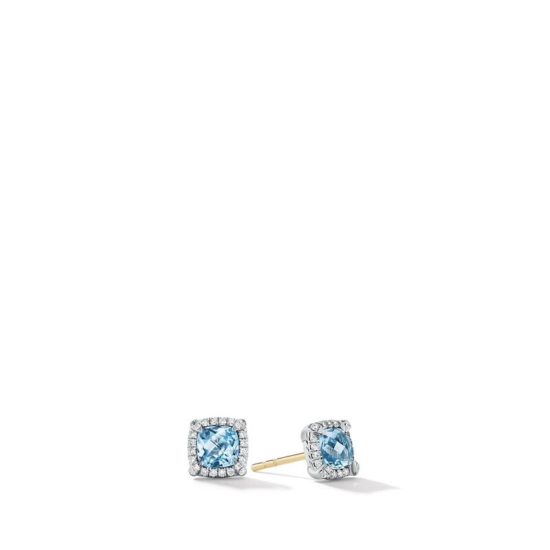 Petite Chatelaine Pave Bezel Stud Earrings with Blue Topaz and Diamonds