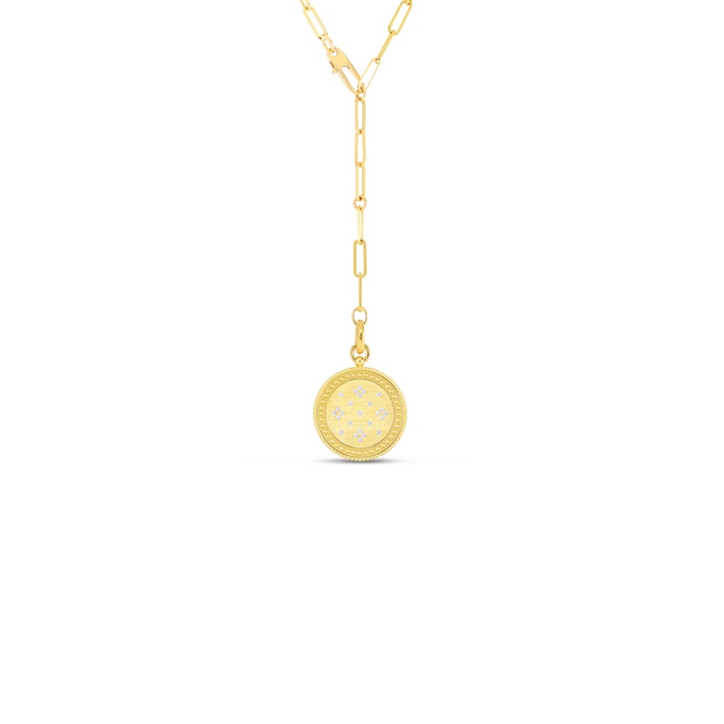 18K Venetian Princess Satin Medallion W. Diamond Accent & Coin Edge Detail On Link Chain