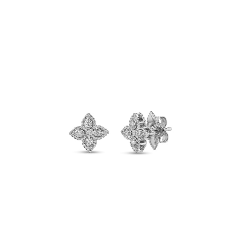 18K White Gold Princess Flower Small Diamond Stud Earrings