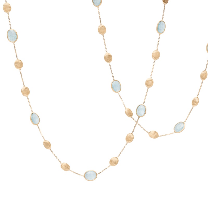 18K Yellow Gold Aquamarine & Gold Long Necklace, Large Bean