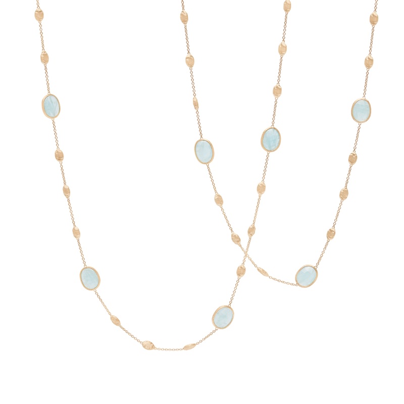 18K Yellow Gold Aquamarine & Gold Long Necklace, Small Bean