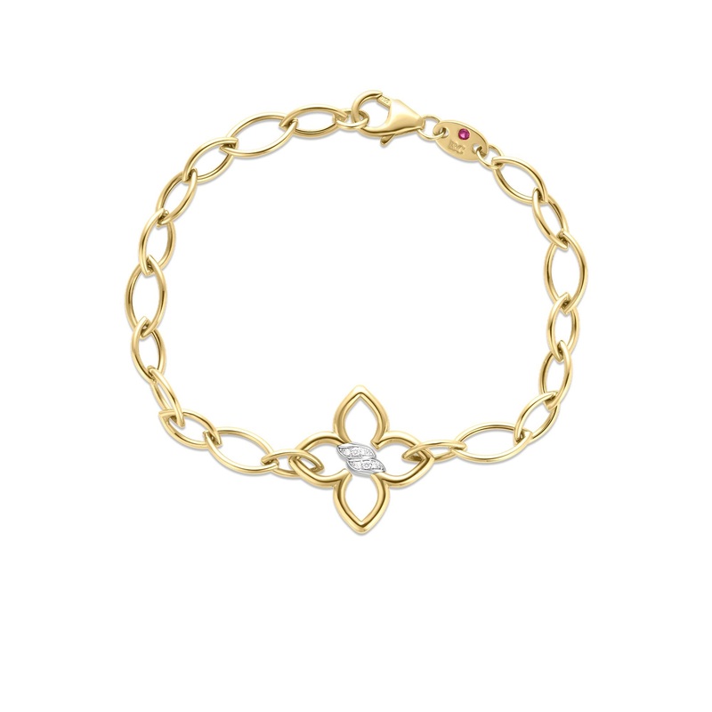 18K Yellow Gold Cialoma Diamond Flower Almond Link Bracelet