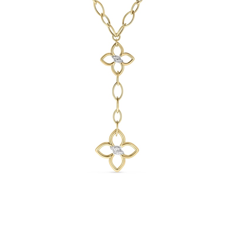 18K Yellow Gold Cialoma Double Diamond Flower Almond Link Dangle Necklace