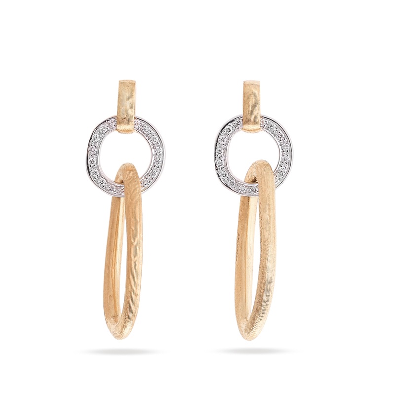 18K Yellow Gold Flat Link Drop Earrings With Diamonds