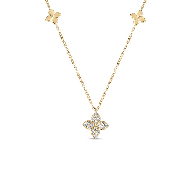 18K Yellow Gold Love By The Inch Diamond & Polished Flower Station Necklace