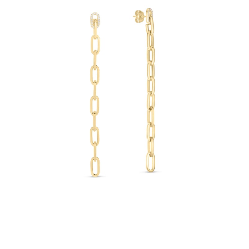 18K Yellow Gold Navarra Diamodn Long Chain Link Drop Earrings