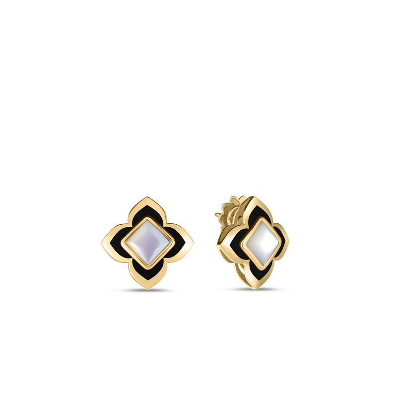 18K Yellow Gold Palazzo Ducale Carnevale Black Enamel & Mother Of Pearl Flower Stud Earrings