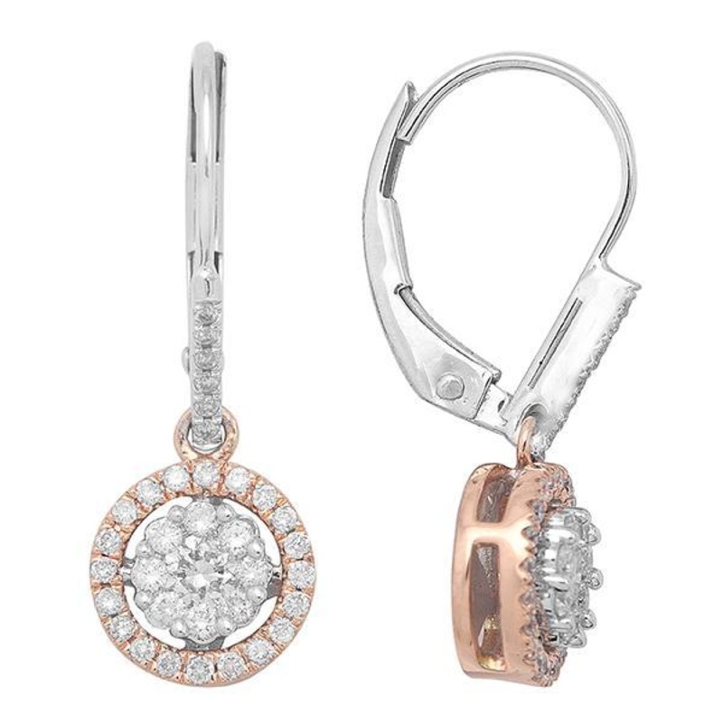 0.50 CTW Cluster Diamond Circle Halo Drop Earrings Leverback Earrings