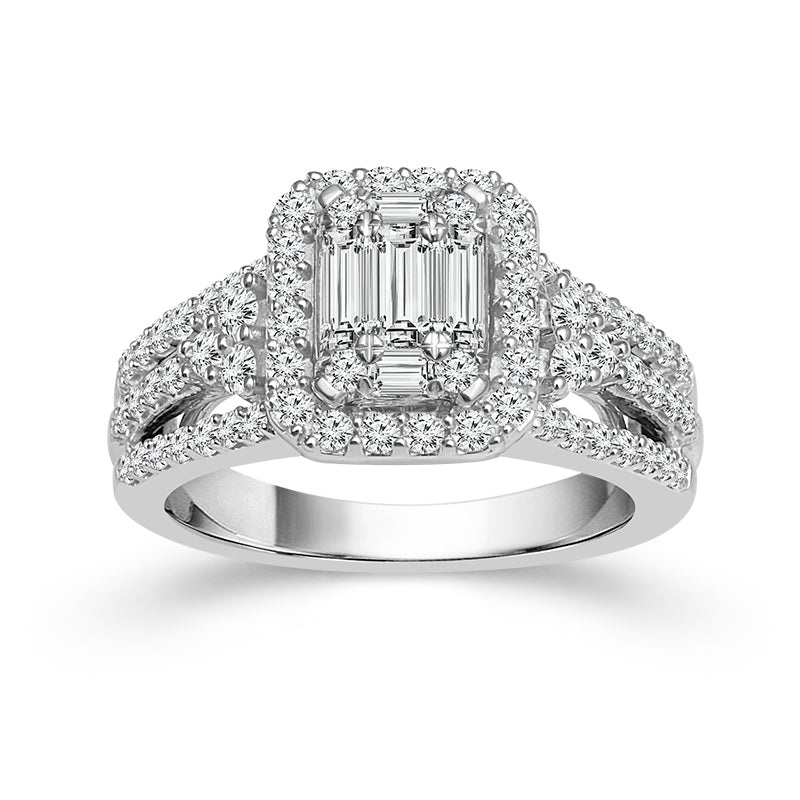 14K White Gold 1.50 CTW Round and Baguette Diamond Ring