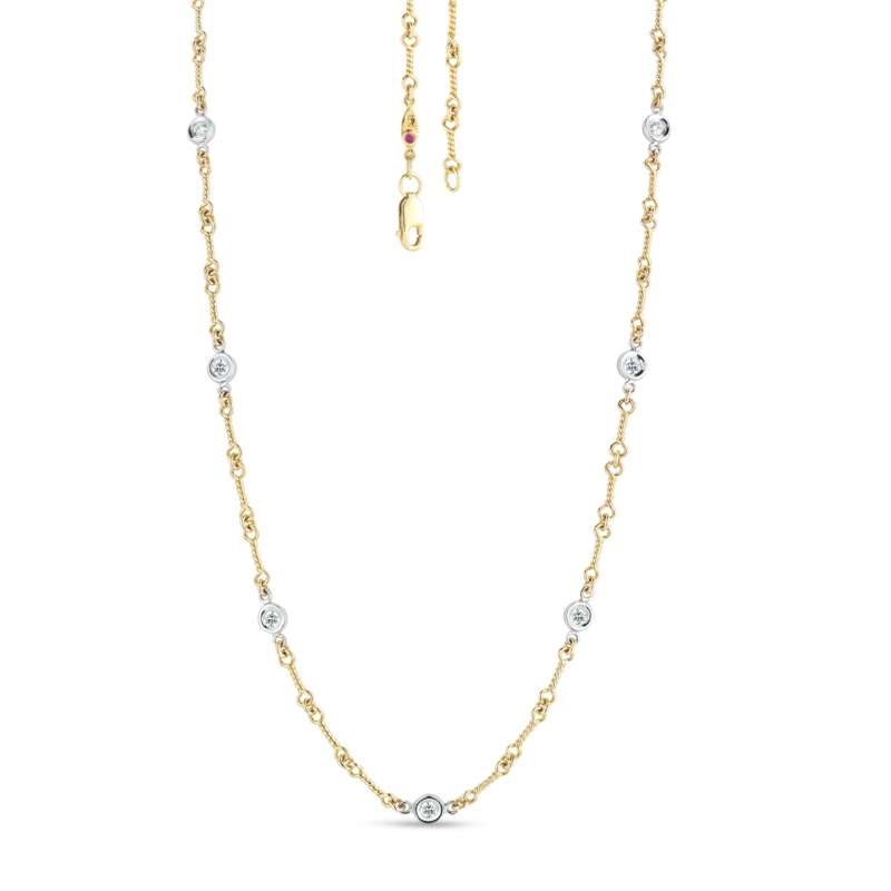 18K Yellow Gold Dogbone 7 Station Necklace With Diamonds