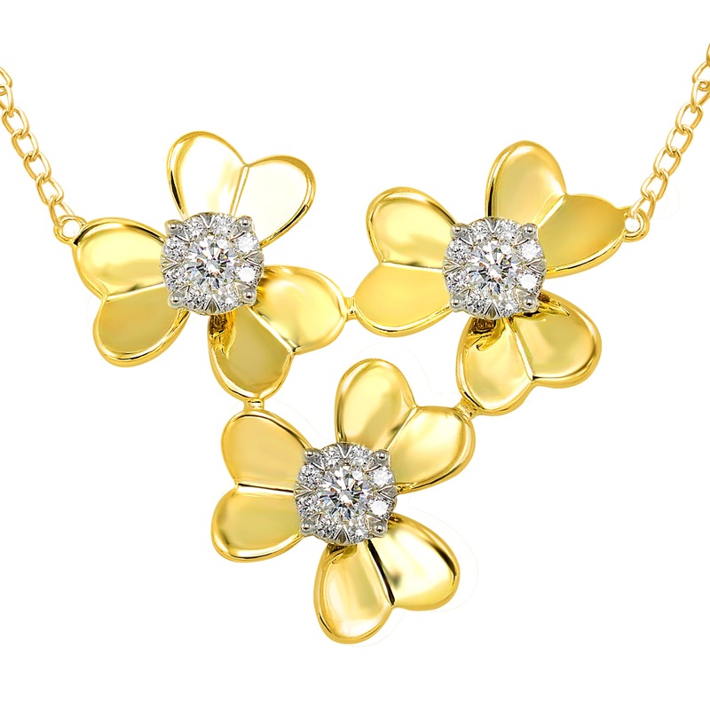 14k Yellow Gold Three Diamond Flower Necklace (0.50 ct. tw.)