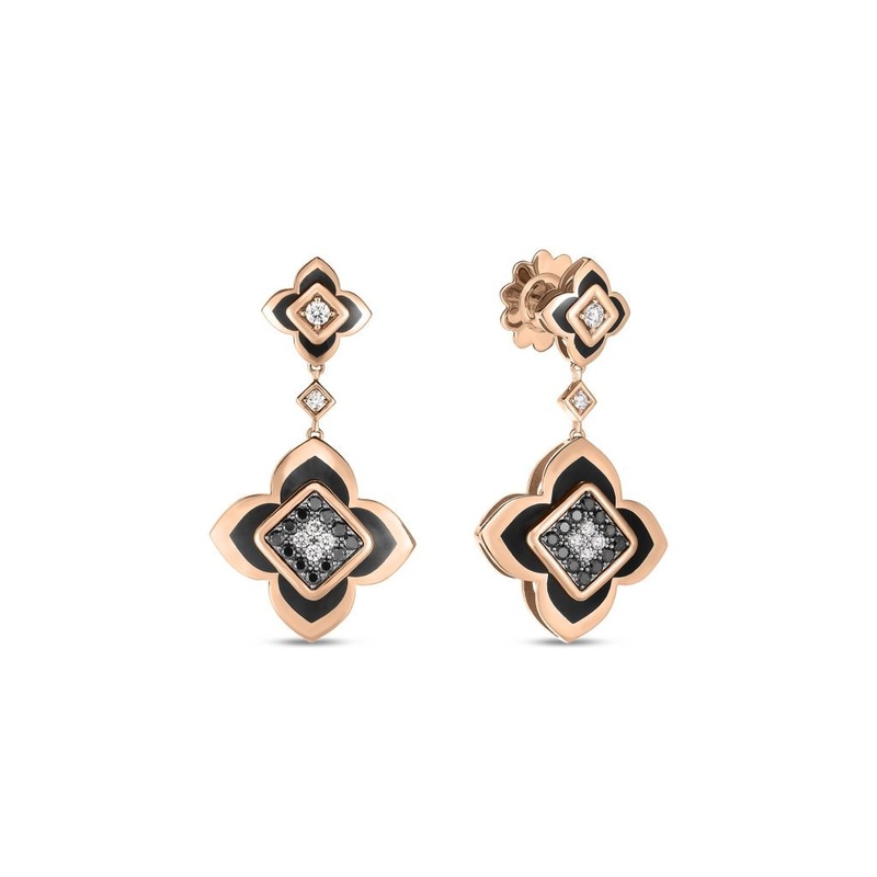18K Rose Gold Palazzo Ducale Carnevale Black Diamond, Black Enamel, & White Diamond Flower Dangle Earrings