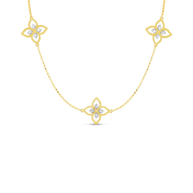 18K Yellow Gold Princess Flower 3 Station Necklace With Diamonds