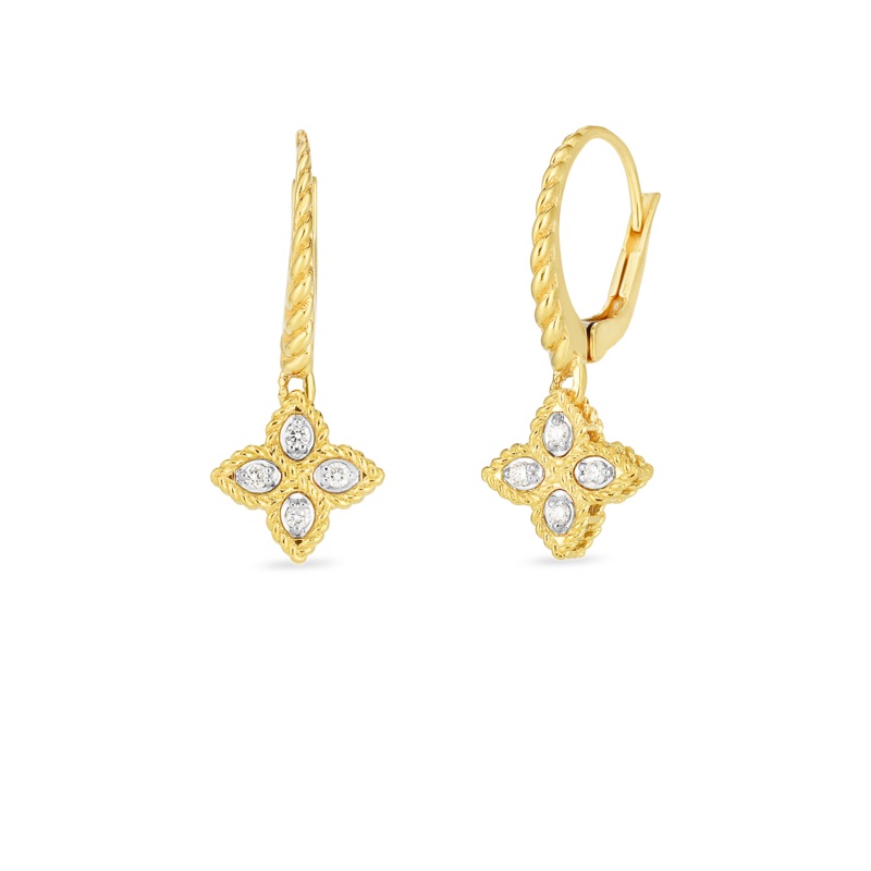 18K Yellow Gold Princess Flower Small Drop Earrings With Diamond Accents