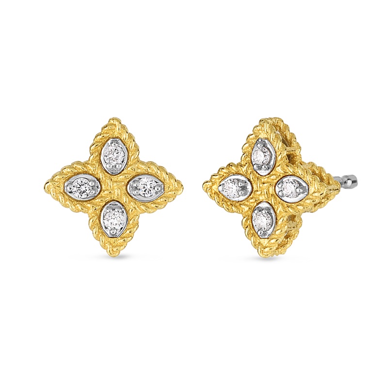 18K Yellow Gold Princess Flower Small Stud Earrings With Diamonds