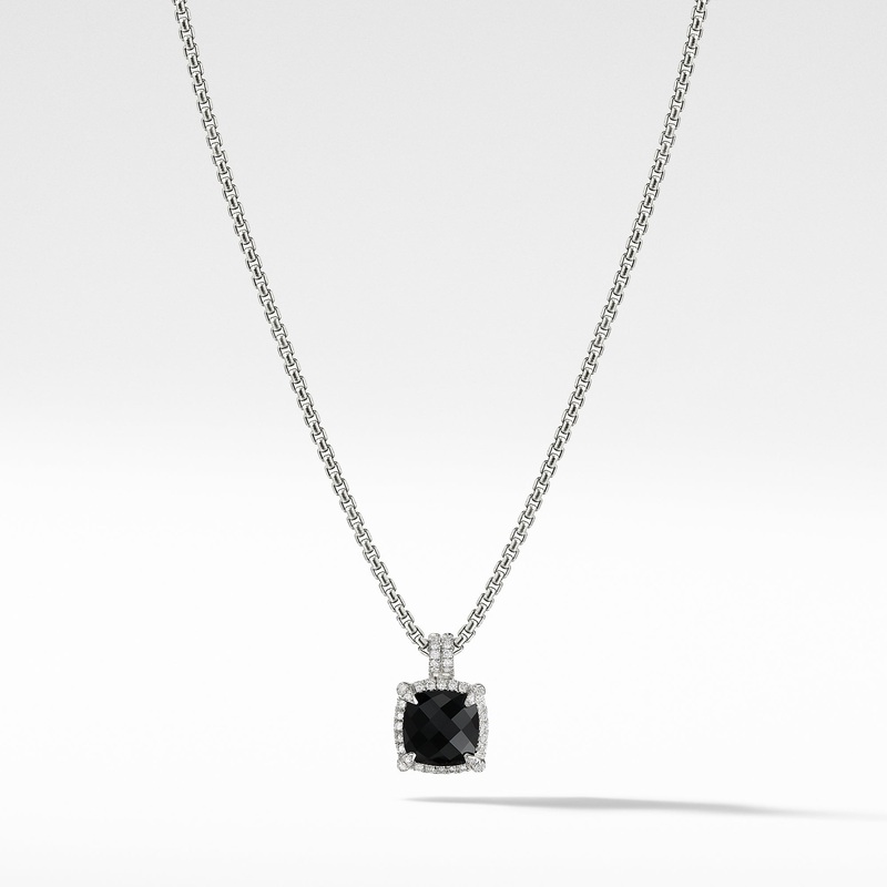 Chatelaine Pave Bezel Pendant Necklace with Black Onyx and Diamonds, 9mm