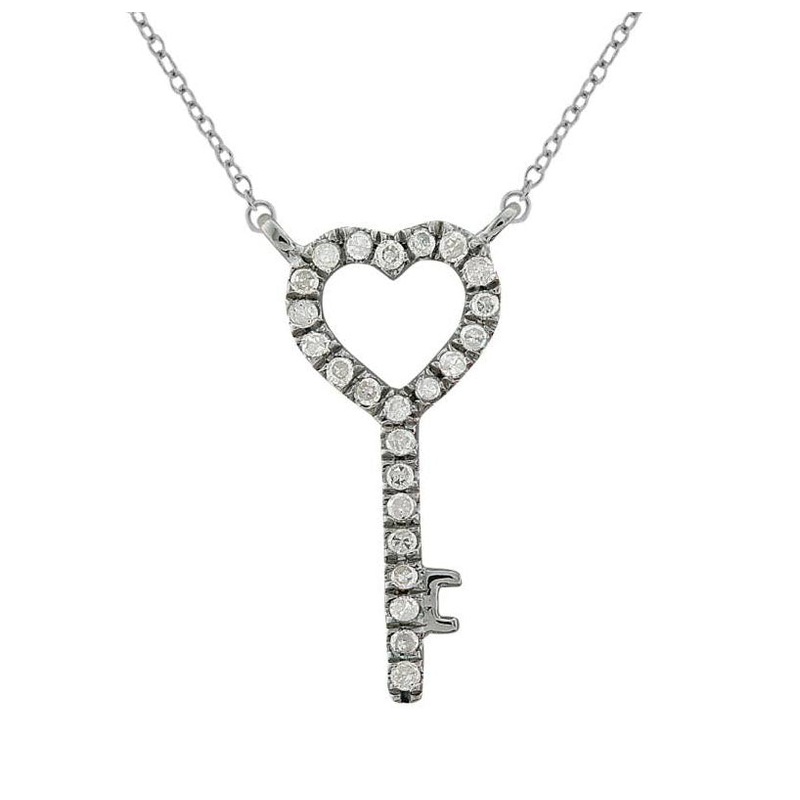 14K White Gold 0.10CTW Diamond Heart Key Pendant