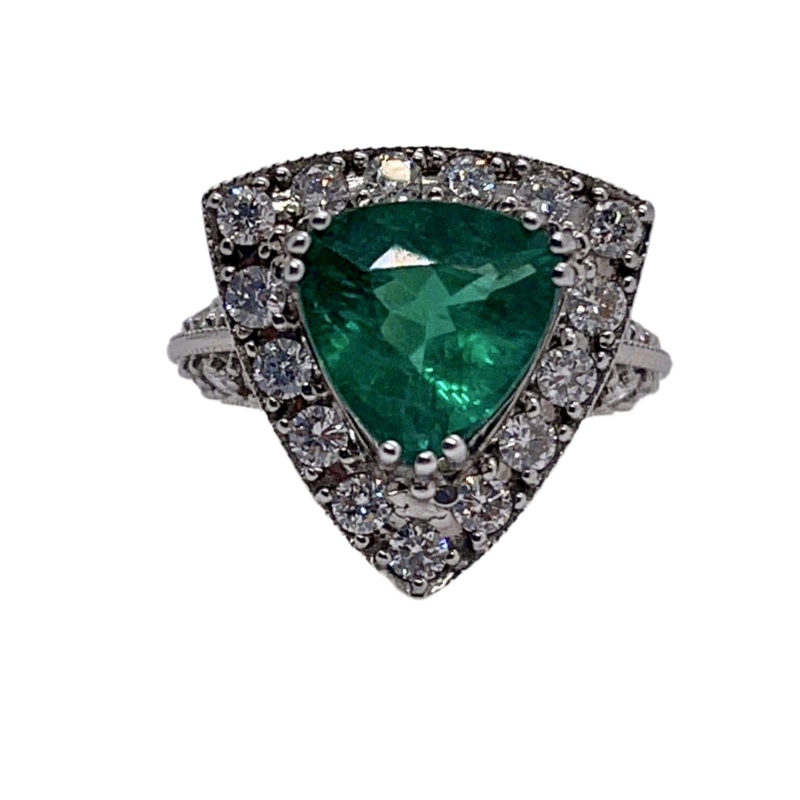 14K White Gold Emerald Trillion Ring With Diamonds