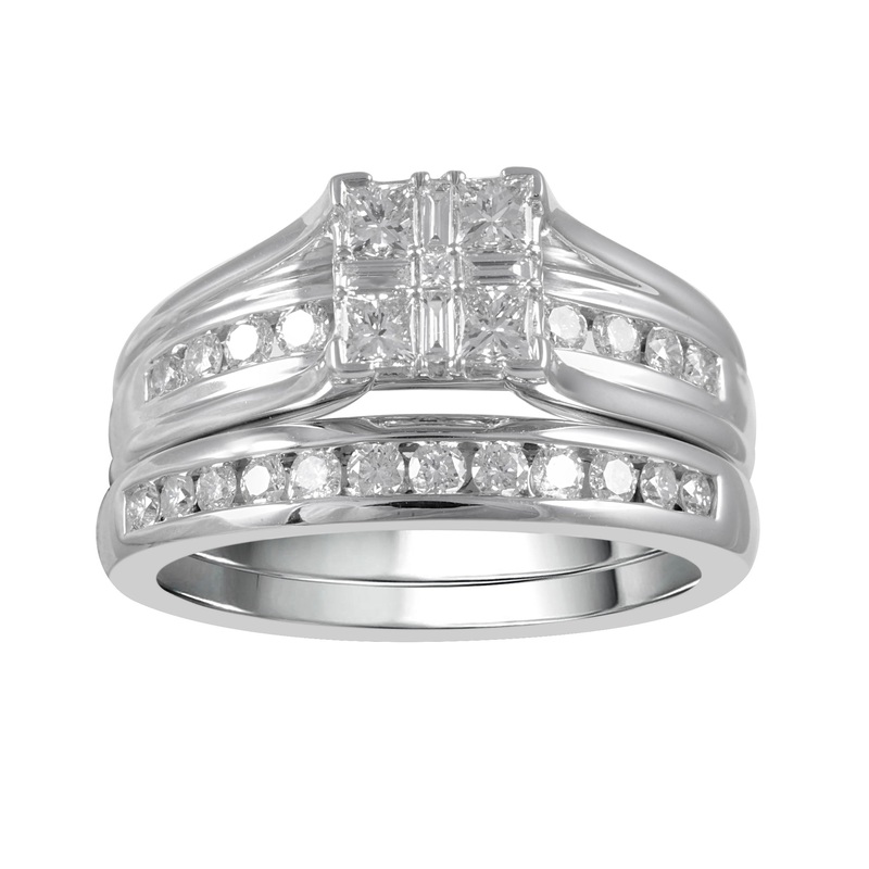 14K White Gold Multi-Shaped 1.00CTW Diamond Ring Set