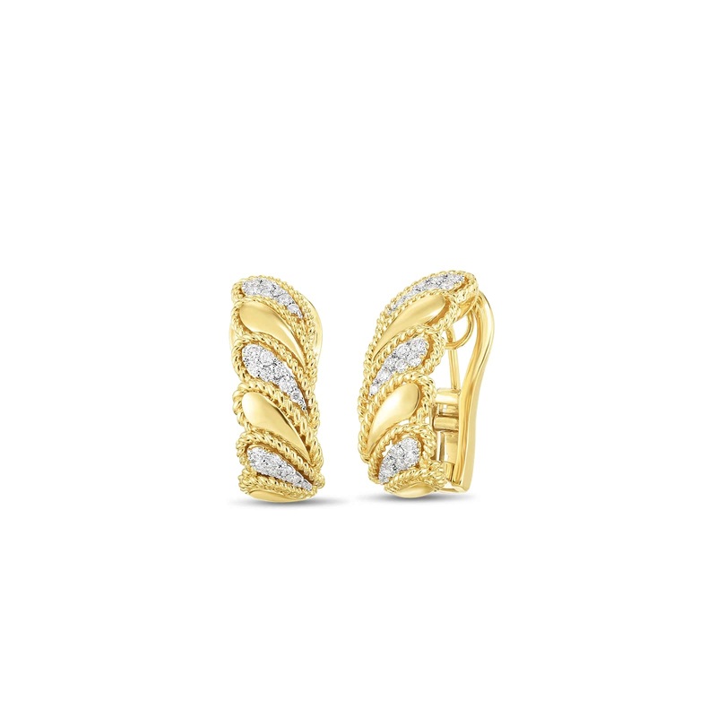 18k Yellow Gold Diamond Byzantine Barocco Polished Leaf Earring