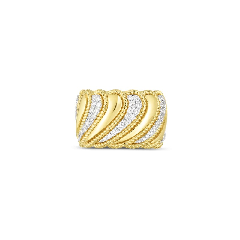 18K Yellow Gold Diamond Byzantine Barocco Wide Polished Band