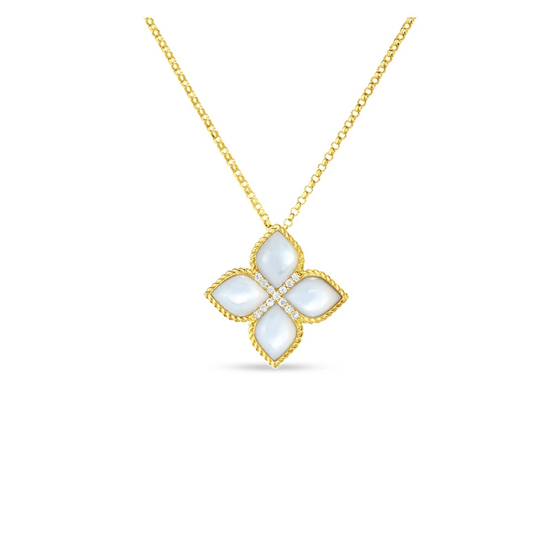 18K Yellow Gold Large Flower Mother Mother-of-Pearl & Diamond Pendant