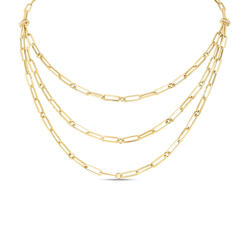 18K Yellow Designer Gold Triple Strand Paperclip Chain & Diamond Necklace