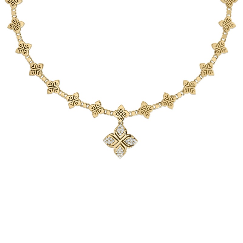 18K Yellow Gold Arabesque Pave Diamond Flower Collar Necklace