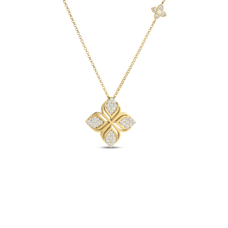 18K Yellow Gold Arabesque Pave Diamond Flower Necklace