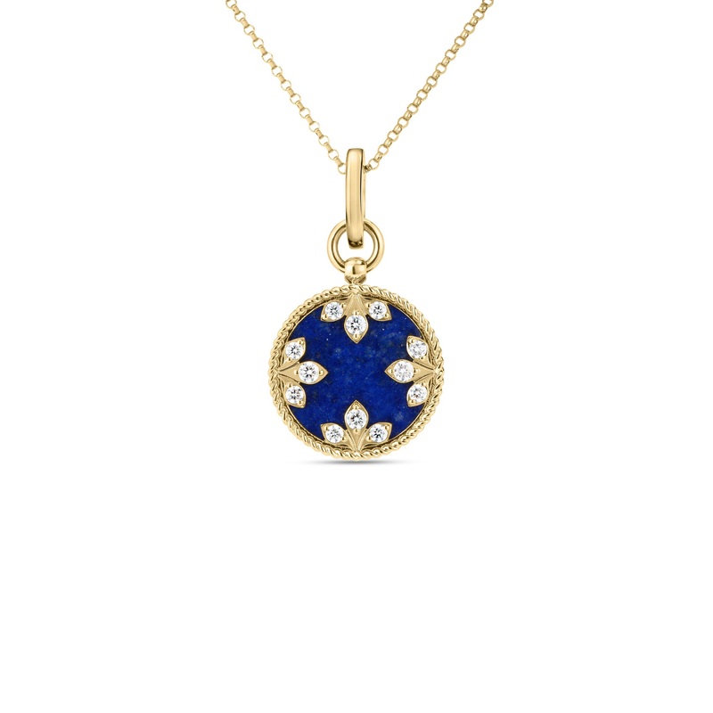 18K Yellow Gold Colored Medallions Small Diamond and Lapis Necklace