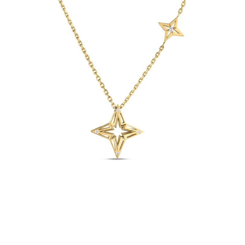 18K Yellow Gold Stardust Small Open Frame Diamond Star Necklace