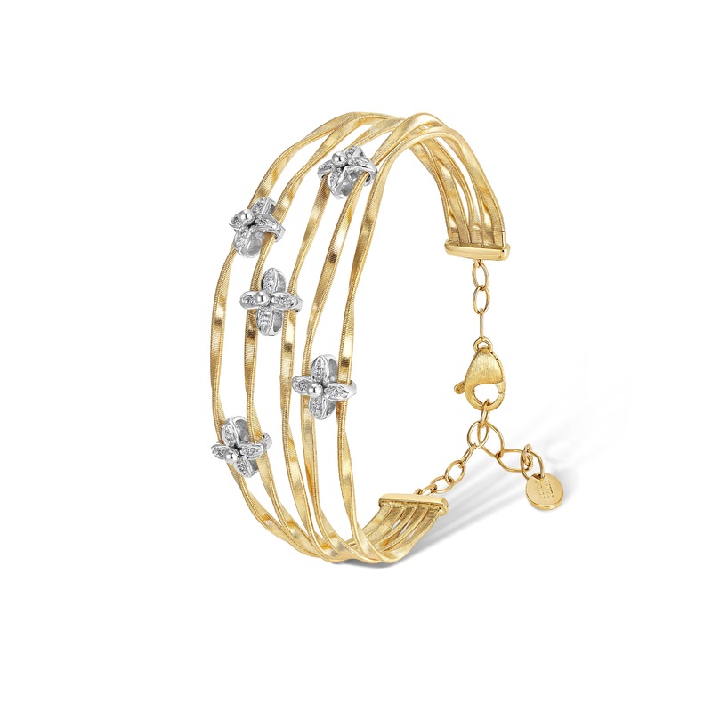 Marrakech Onde Collection 18K Yellow and White Gold Five Strand Bangle with Diamond Flowers