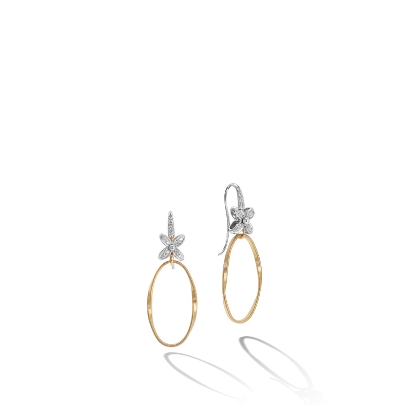 Marrakech Onde Collection 18K Yellow and White Gold French Hook Earrings with Diamond Flowers