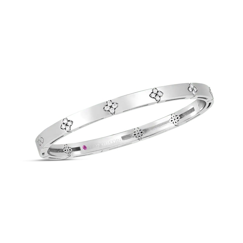 18K White Gold Verona Narrow Width Bangle With Diamond Accent