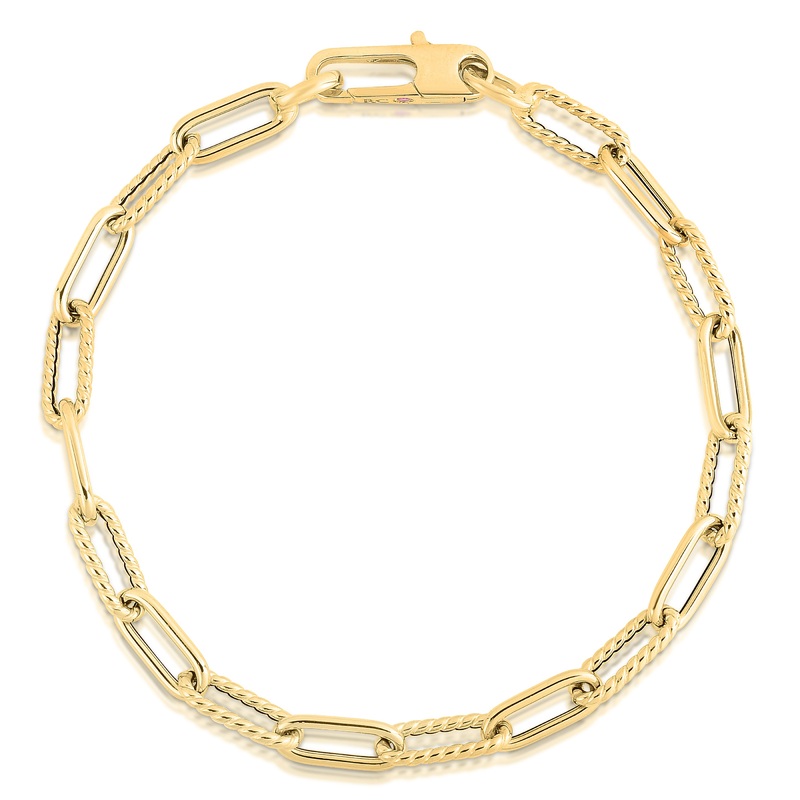 18K Yellow Gold Alternating Polished & Fluted Fine Paperclip Link 8″ Chain Bracelet
