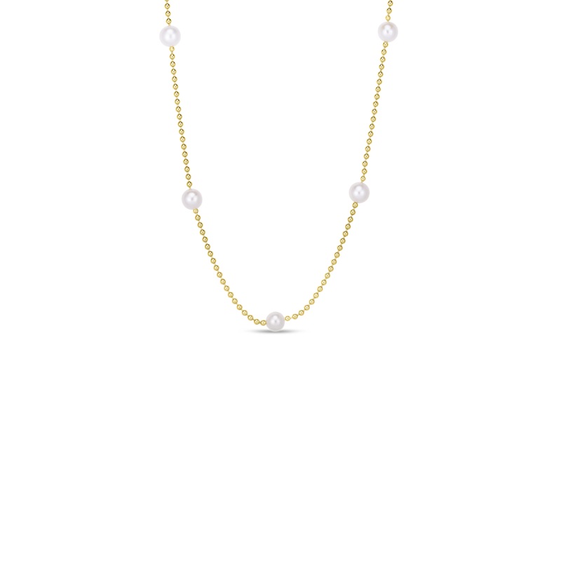 18K Yellow Gold Pearl & Gold Bead Station Necklace On Bead Chain