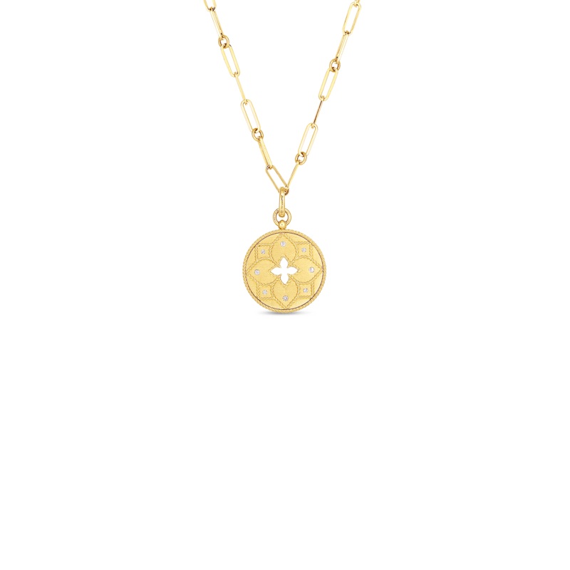 18K Yellow Gold Venetian Princess Satin Medallion With Flower Cutout & Diamond Accent On Chain