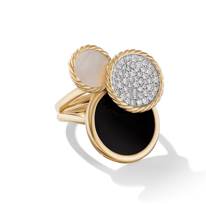 DY Elements Cluster Ring in 18K Yellow Gold with Mother of Pearl, Black Onyx and Pave Diamonds