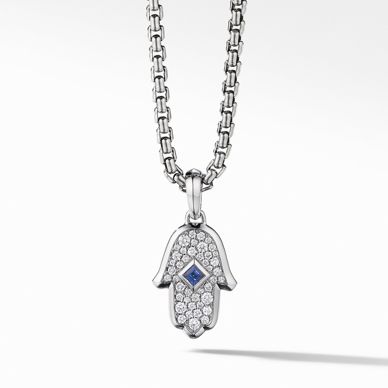 Hamsa Amulet in 18K White Gold with Pave Blue Sapphires and Diamonds