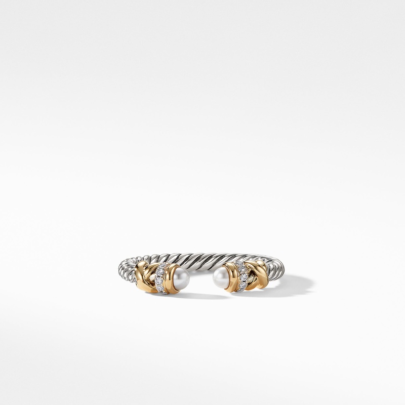 Petite Helena Open Ring with Pearls, 18K Yellow Gold and Diamonds