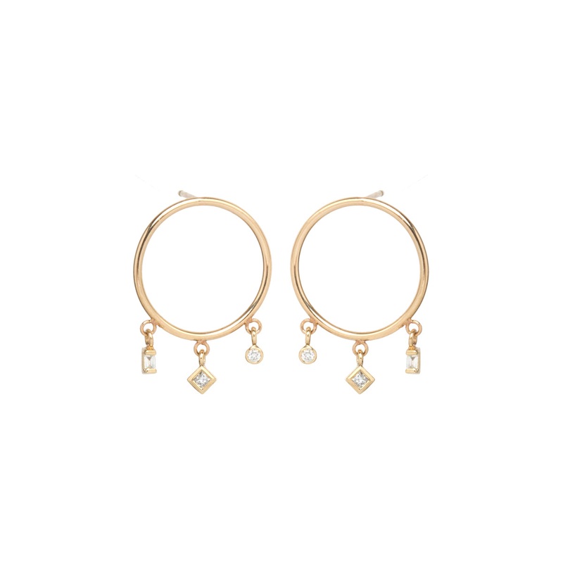 14K SMALL CIRCLE EARRINGS WITH PRINCESS, BAGUETTE AND BEZEL DIAMONDS