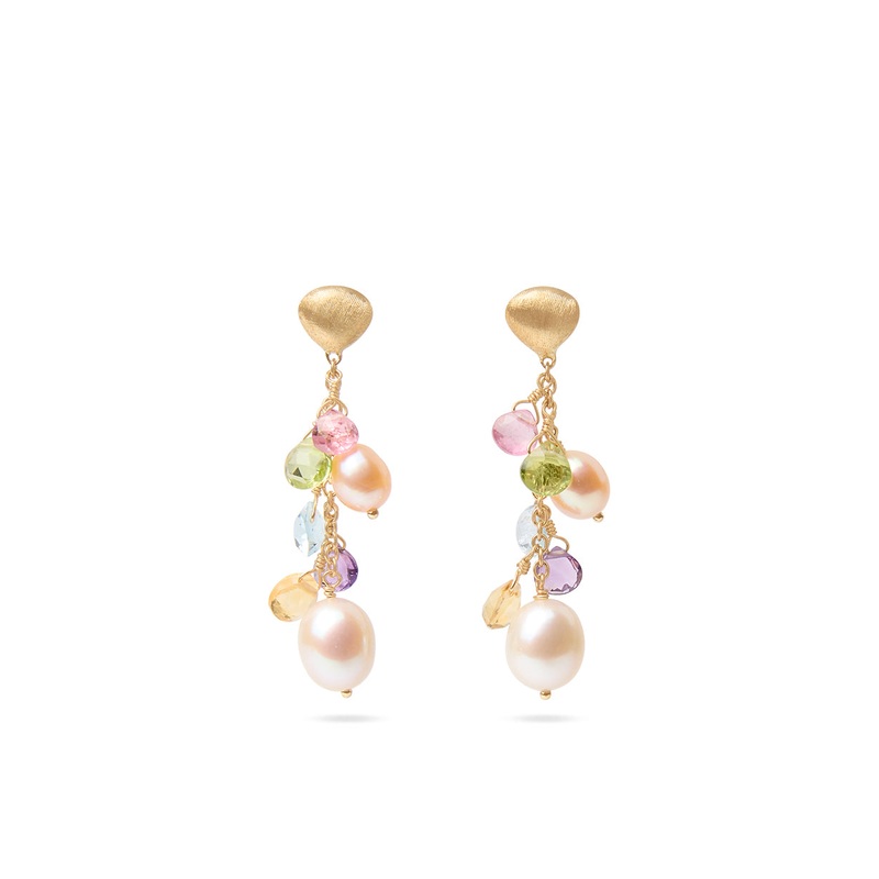 Paradise Collection 18K Yellow Gold Mixed Gemstone and Pearl Short Drop Earrings