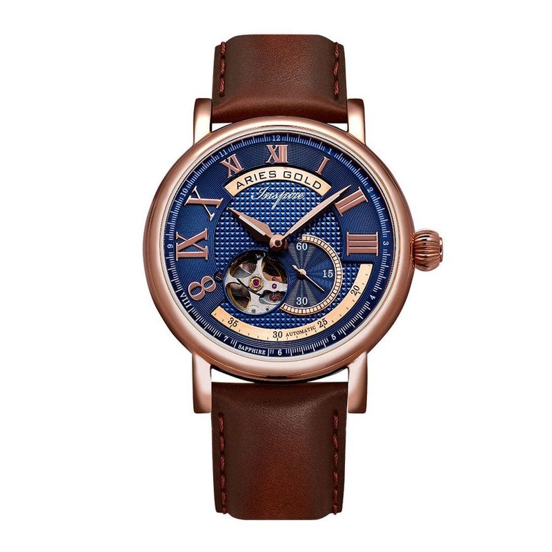 ARIES GOLD AUTOMATIC INSPIRE GAUNTLET VINTAGE ROSE GOLD STAINLESS STEEL G 903A RG-BU BROWN LEATHER STRAP MEN’S WATCH