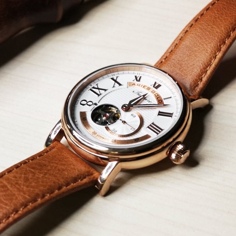 ARIES GOLD AUTOMATIC INSPIRE GAUNTLET VINTAGE ROSE GOLD STAINLESS STEEL G 903A RG-W ORANGE LEATHER STRAP MEN’S WATCH