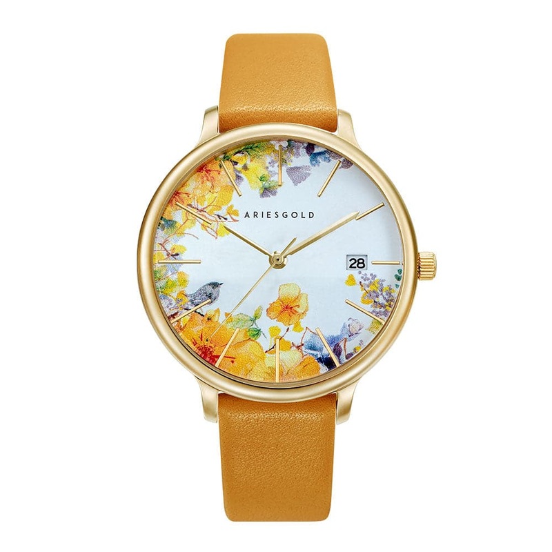 ARIES GOLD ENCHANT FLEUR GOLD STAINLESS STEEL L 5035A G-YFL MUSTARD YELLOW LEATHER STRAP WOMEN’S WATCH