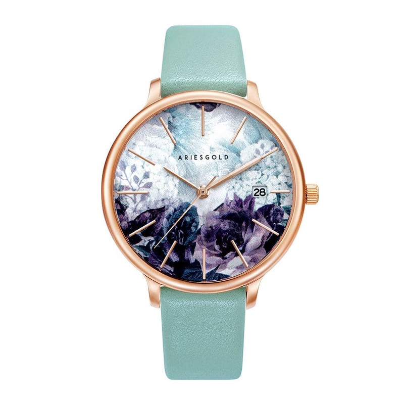 ARIES GOLD ENCHANT FLEUR ROSE GOLD STAINLESS STEEL L 5035A RG-GNFL TURQUOISE LEATHER STRAP WOMEN’S WATCH