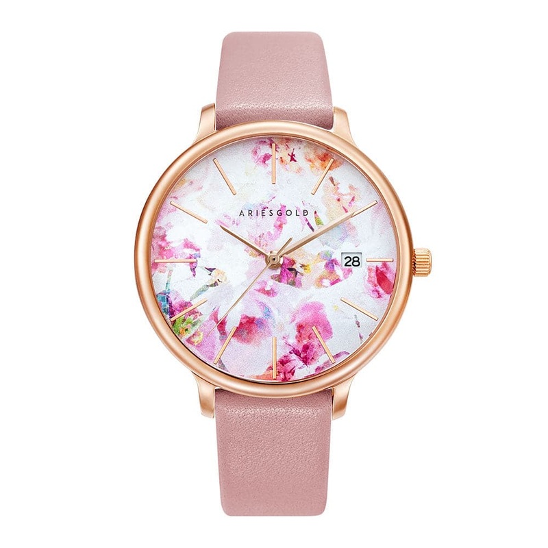 ARIES GOLD ENCHANT FLEUR ROSE GOLD STAINLESS STEEL L 5035A RG-PIFL PINK LEATHER STRAP WOMEN’S WATCH