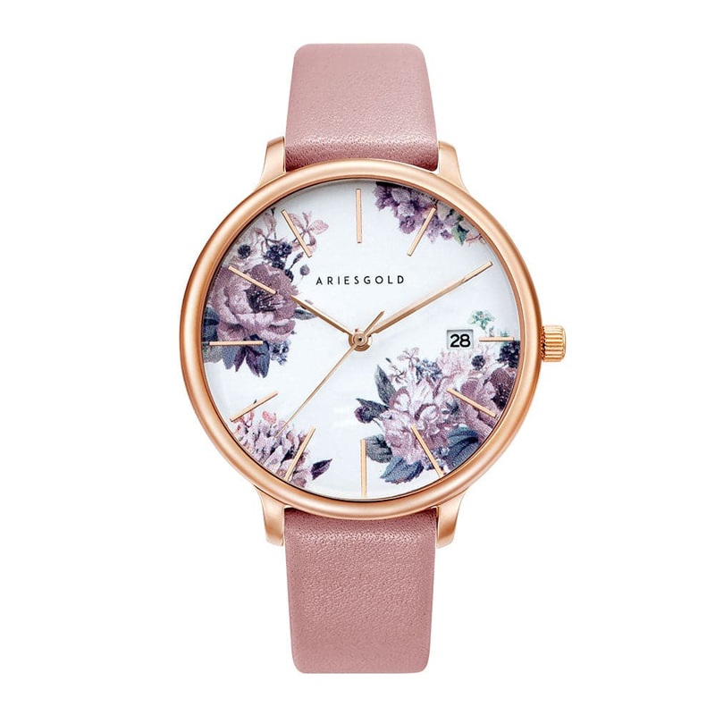 ARIES GOLD ENCHANT FLEUR ROSE GOLD STAINLESS STEEL L 5035A RG-PUFL PINK LEATHER STRAP WOMEN’S WATCH