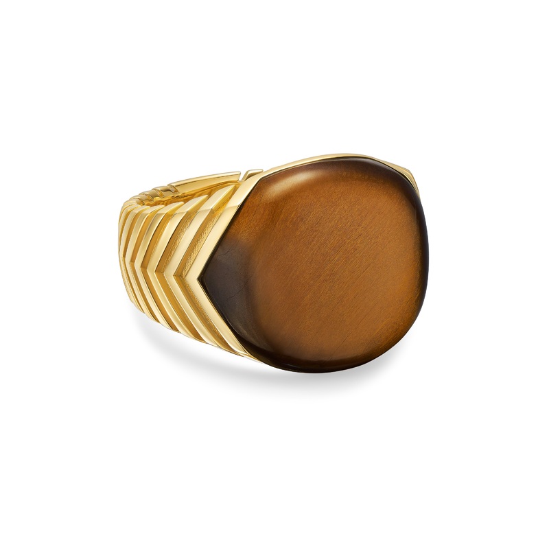Chevron Signet Ring in 18K Yellow Gold with Tiger’s Eye, 18mm